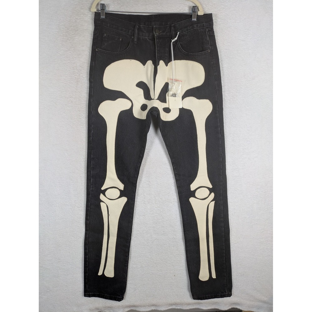 NEW mnml Skeleton Denim Men's 34 Black White Bone Patch Slim Straight Jeans